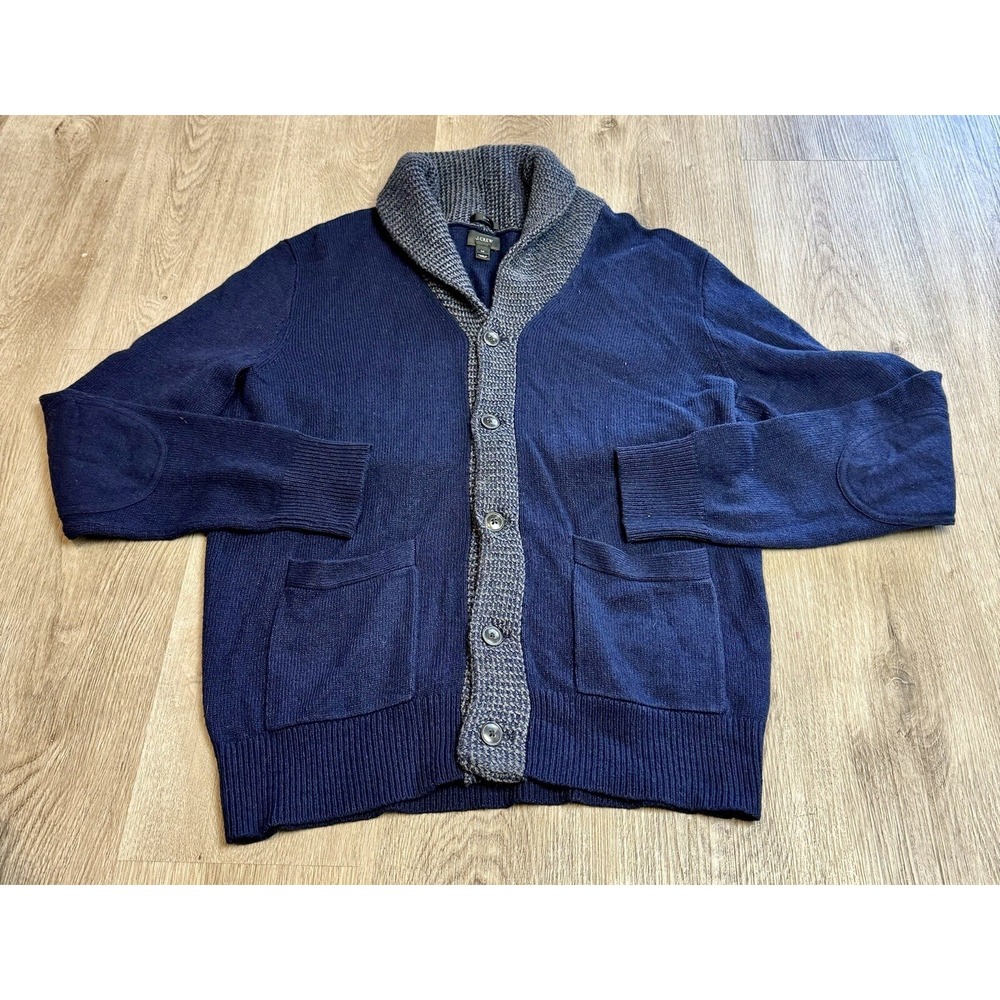 J. Crew Mens Shawl Collar‎ Cardigan Sweater Elbow Patch Knit Blue Medium